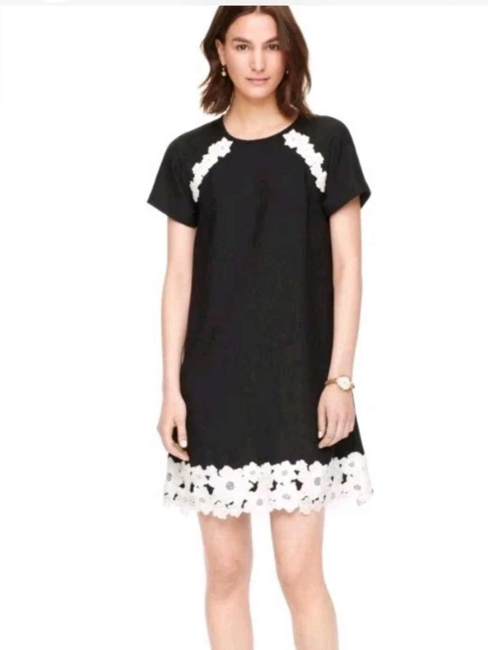 Kate Spade Black Short Sleeve Shift Dress with White Lace Trim